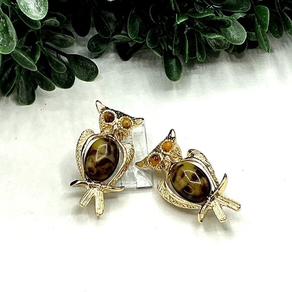 Vintage Gold tone Owl Brooch Set With TigerS Eye Stone Gemstone Pins - Picture 2 of 5